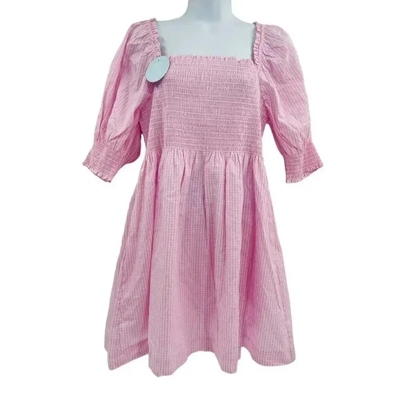 Hill House Athena Nap Dress Size XL Pink Gingham Puff Sleeve Square Neck - Picture 2 of 12